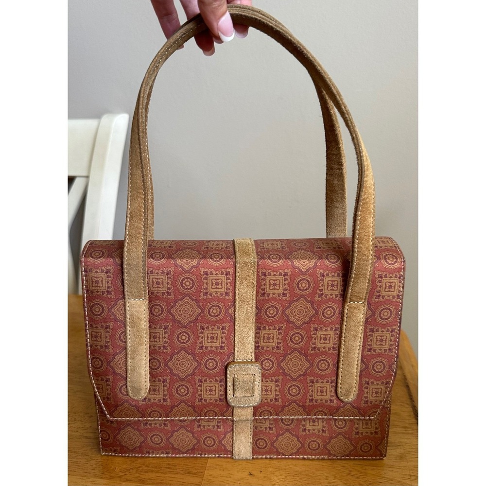 Jamin Puech Geometric‎ Tile Print Suede Shoulder Bag Red Gold Tan Medium Rare